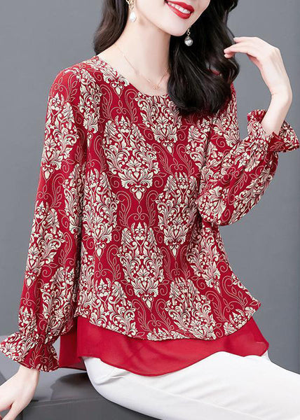 Women Red O Neck Print Patchwork Chiffon Blouses Flare Sleeve OP1066 Ada Fashion