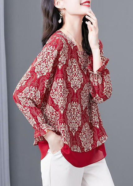 Women Red O Neck Print Patchwork Chiffon Blouses Flare Sleeve OP1066 Ada Fashion