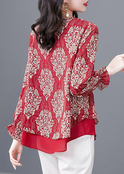 Women Red O Neck Print Patchwork Chiffon Blouses Flare Sleeve OP1066 Ada Fashion
