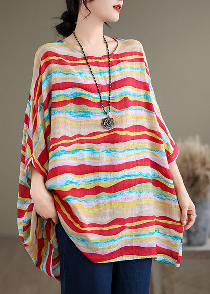 Women Red O Neck Striped Plus Size Cotton Blouse Tops Batwing Sleeve AP080 GK-HTP240718