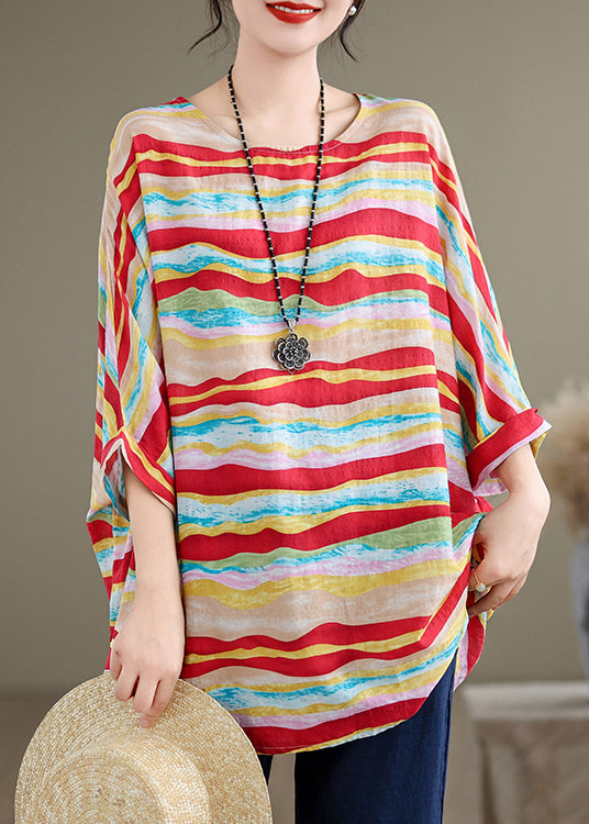 Women Red O Neck Striped Plus Size Cotton Blouse Tops Batwing Sleeve AP080 GK-HTP240718