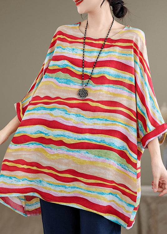 Women Red O Neck Striped Plus Size Cotton Blouse Tops Batwing Sleeve AP080 GK-HTP240718