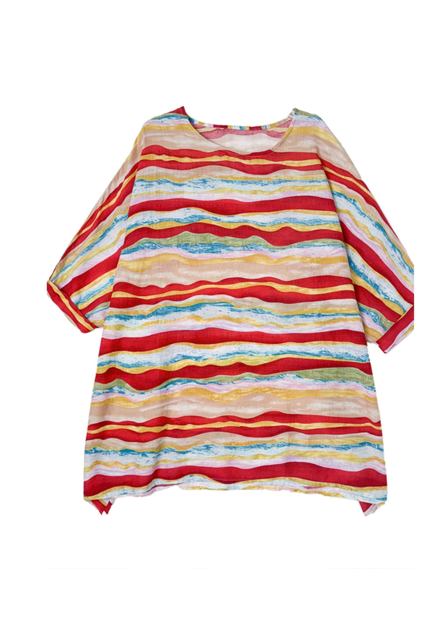 Women Red O Neck Striped Plus Size Cotton Blouse Tops Batwing Sleeve AP080 GK-HTP240718