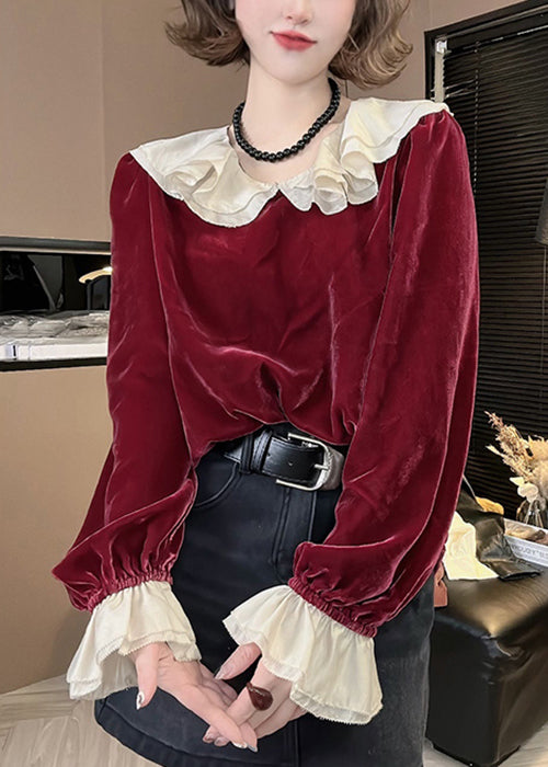 Women Red Ruffled Solid Silk Velour Top Flare Sleeve OP1002 Ada Fashion