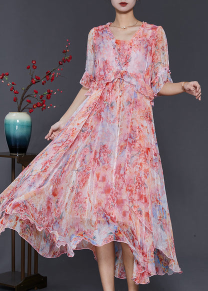 Women Red Ruffled Tie Dye Chiffon Robe Dresses Summer SD1085 Ada Fashion