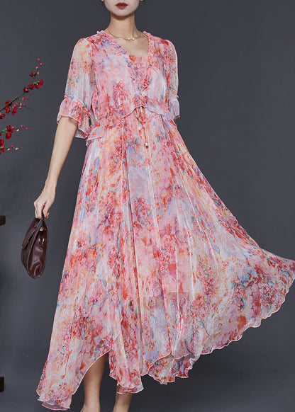 Women Red Ruffled Tie Dye Chiffon Robe Dresses Summer SD1085 Ada Fashion