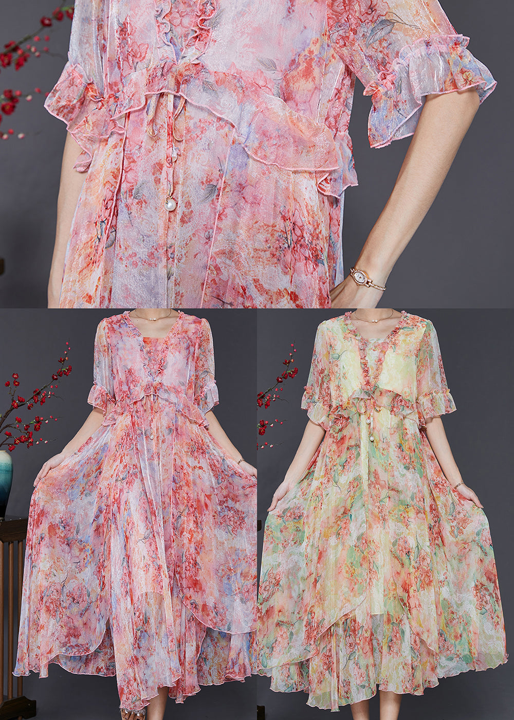 Women Red Ruffled Tie Dye Chiffon Robe Dresses Summer SD1085 Ada Fashion