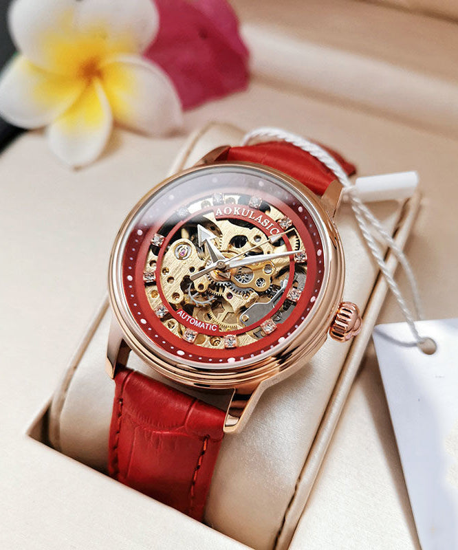 Women Red Stainless Steel Sapphire Crystal Patchwork Dermis Zircon Hollowed Out Watch QU003 JEW-WAT241007