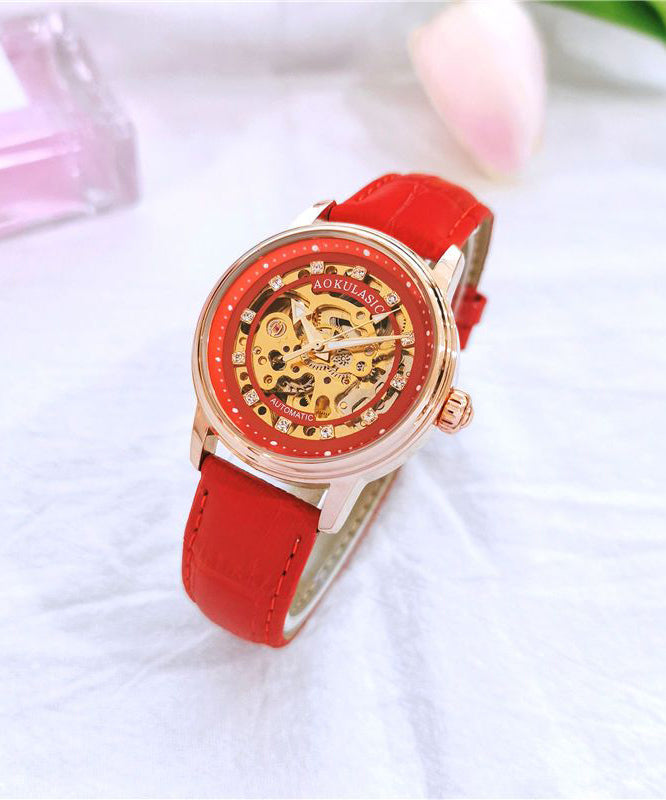 Women Red Stainless Steel Sapphire Crystal Patchwork Dermis Zircon Hollowed Out Watch QU003 JEW-WAT241007