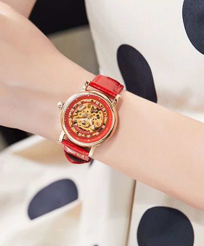 Women Red Stainless Steel Sapphire Crystal Patchwork Dermis Zircon Hollowed Out Watch QU003 JEW-WAT241007