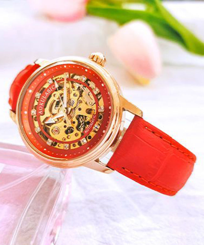 Women Red Stainless Steel Sapphire Crystal Patchwork Dermis Zircon Hollowed Out Watch QU003 JEW-WAT241007