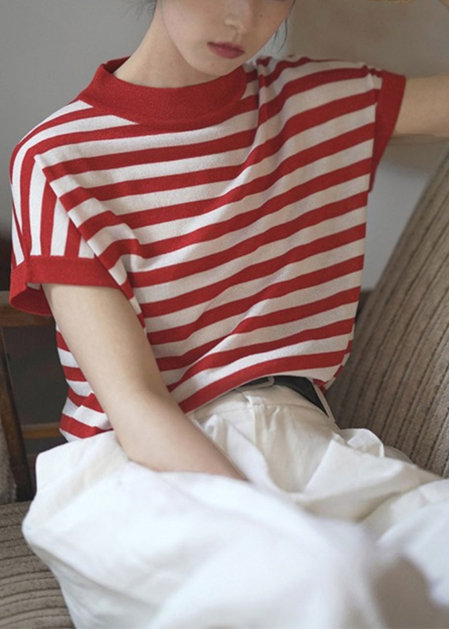 Women Red Stand Collar Striped Cotton Tanks Summer TZ005