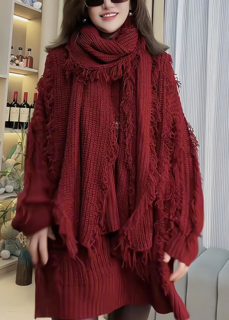 Women Red Tassel Patchwork Knitted Sweaters Spring TN030 ABC