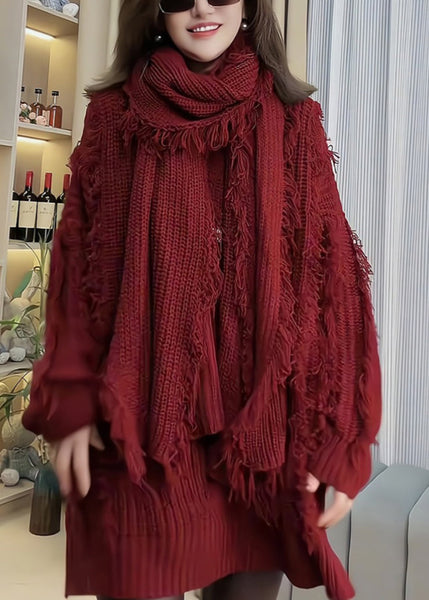 Women Red Tassel Patchwork Knitted Sweaters Spring TN030 ABC