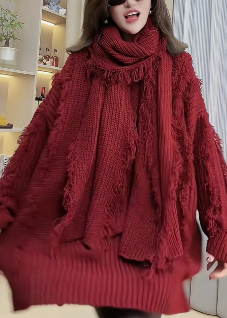 Women Red Tassel Patchwork Knitted Sweaters Spring TN030 ABC