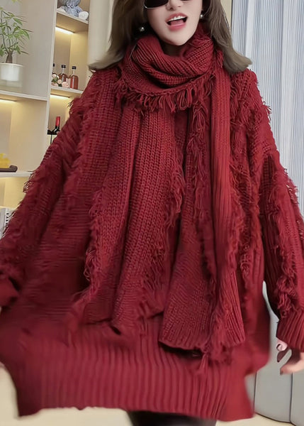 Women Red Tassel Patchwork Knitted Sweaters Spring TN030 ABC