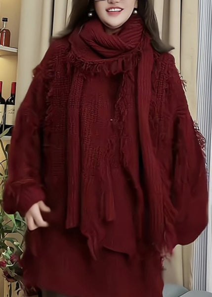 Women Red Tassel Patchwork Knitted Sweaters Spring TN030 ABC