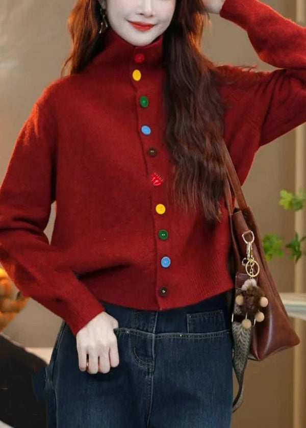 Women Red Turtleneck Button Knit Sweaters Winter WM015 ABC