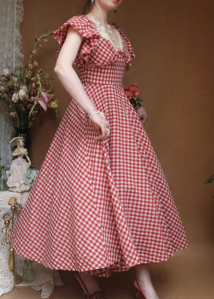 Women Red V Neck Plaid Ruffled Cotton Dress Butterfly Sleeve ZL065 SH-LF-SDL240621