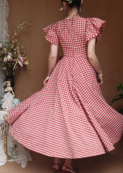 Women Red V Neck Plaid Ruffled Cotton Dress Butterfly Sleeve ZL065 SH-LF-SDL240621