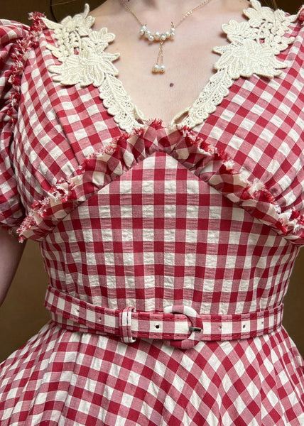 Women Red V Neck Plaid Ruffled Cotton Dress Butterfly Sleeve ZL065 SH-LF-SDL240621