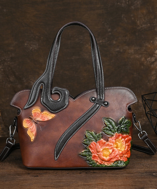 Leather Coffee Handbag Women Embossed Calf Tote Retro FashionChic
