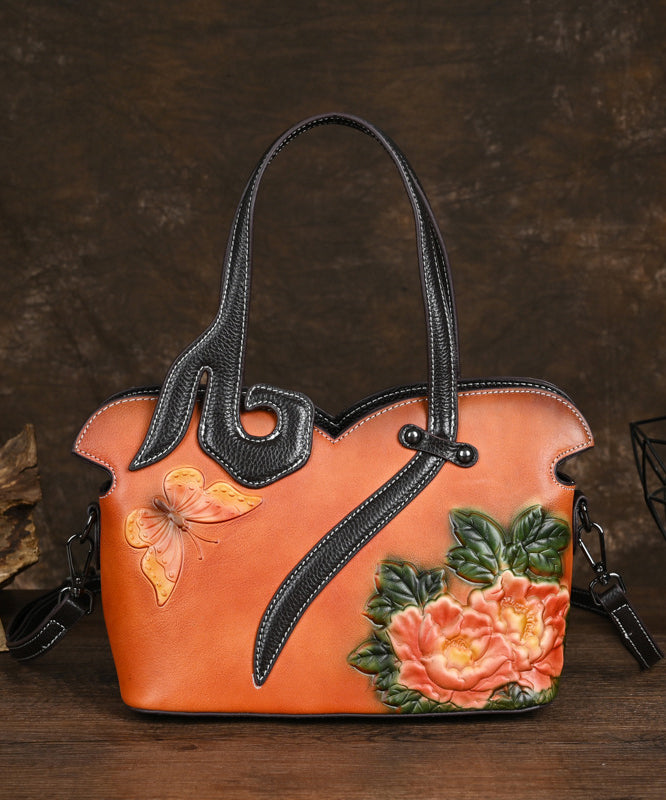 Leather Coffee Handbag Women Embossed Calf Tote Retro FashionChic