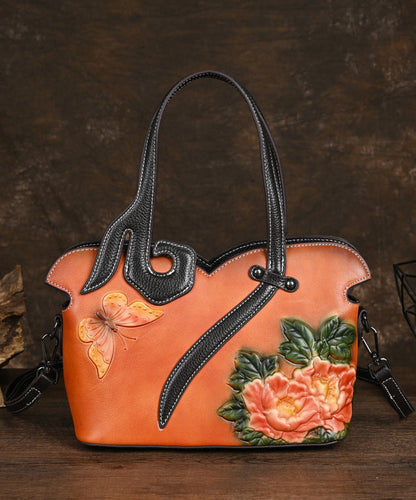 Leather Coffee Handbag Women Embossed Calf Tote Retro FashionChic