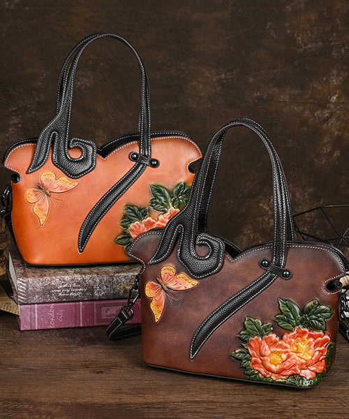 Leather Coffee Handbag Women Embossed Calf Tote Retro FashionChic