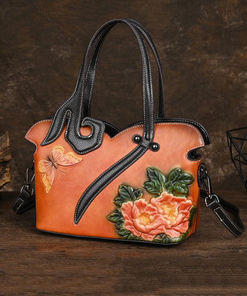 Leather Coffee Handbag Women Embossed Calf Tote Retro FashionChic