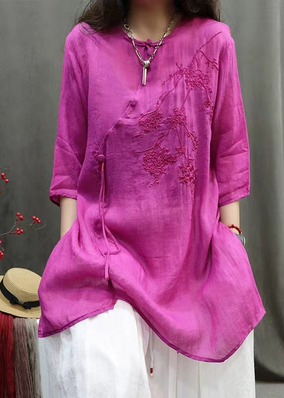 Women Rose Embroidered Cotton Shirt Top Half Sleeve QK022 BB-HTP241022