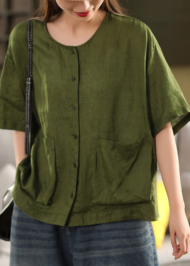 Button Pockets Neck Yellow Linen Shirt Tops O Women Summer FashionChic