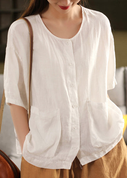Button Pockets Neck Yellow Linen Shirt Tops O Women Summer FashionChic