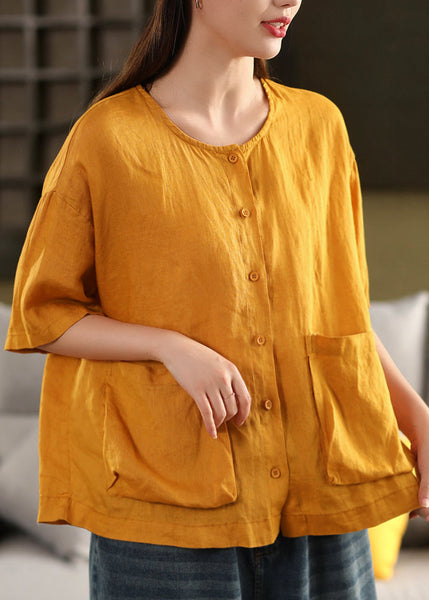 Button Pockets Neck Yellow Linen Shirt Tops O Women Summer FashionChic