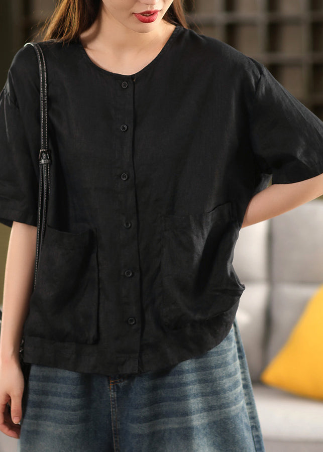 Button Pockets Neck Yellow Linen Shirt Tops O Women Summer FashionChic