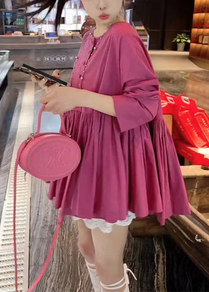 Women Rose O Neck Fall Solid Shirts Wrinkled Cotton FashionChic