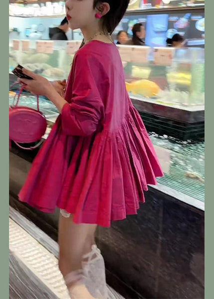 Women Rose O Neck Fall Solid Shirts Wrinkled Cotton FashionChic