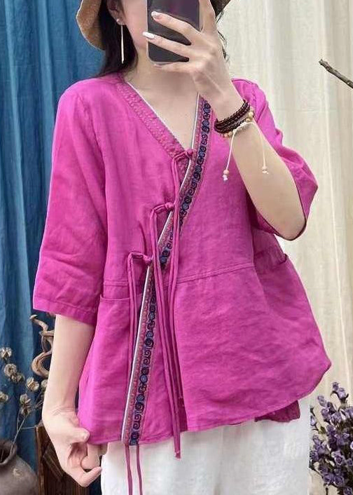 Women Rose V Neck Chinese Button Cotton Shirt Half Sleeve AU1060 MZF-240903