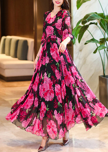V Summer Dresses Chiffon Rose Maxi Print Neck Women FashionChic