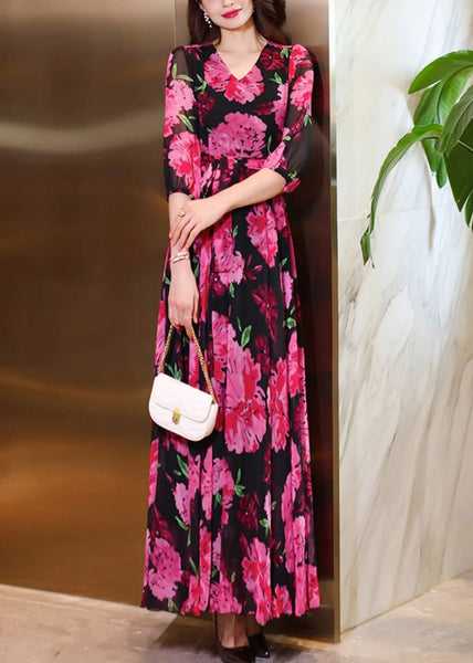 V Summer Dresses Chiffon Rose Maxi Print Neck Women FashionChic