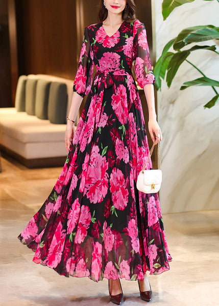 V Summer Dresses Chiffon Rose Maxi Print Neck Women FashionChic