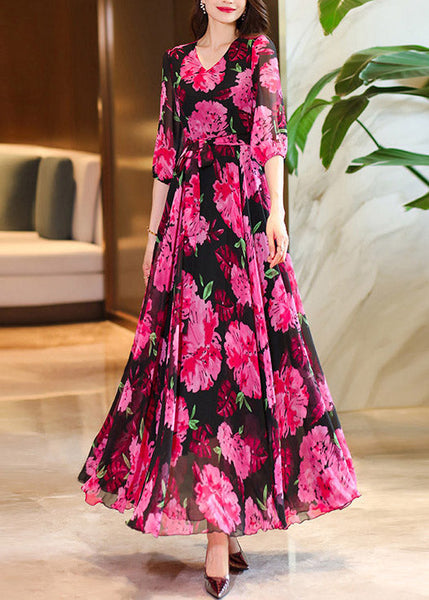 V Summer Dresses Chiffon Rose Maxi Print Neck Women FashionChic