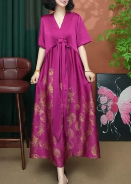 Summer Dress Patchwork V Women Silk Long Print Neck Rose FashionChic