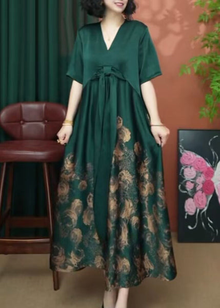 Summer Dress Patchwork V Women Silk Long Print Neck Rose FashionChic