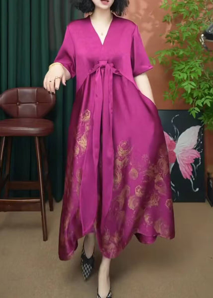 Summer Dress Patchwork V Women Silk Long Print Neck Rose FashionChic