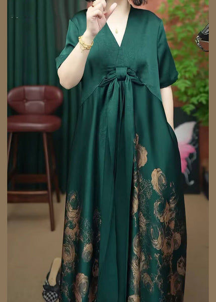 Summer Dress Patchwork V Women Silk Long Print Neck Rose FashionChic