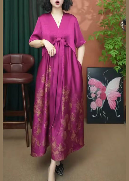 Summer Dress Patchwork V Women Silk Long Print Neck Rose FashionChic