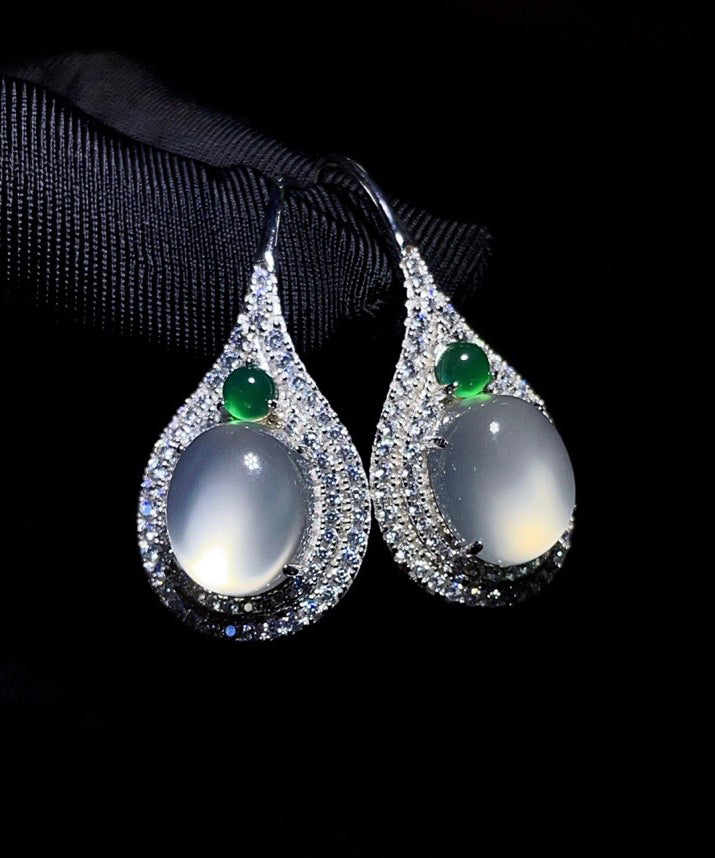 Women Silk Sterling Silver Inlaid Zircon Jade Stud Earrings AC1065 Genistyle Shop