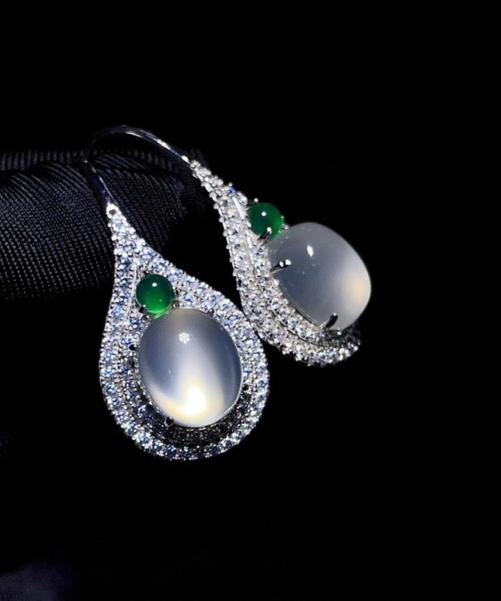 Women Silk Sterling Silver Inlaid Zircon Jade Stud Earrings AC1065 Genistyle Shop