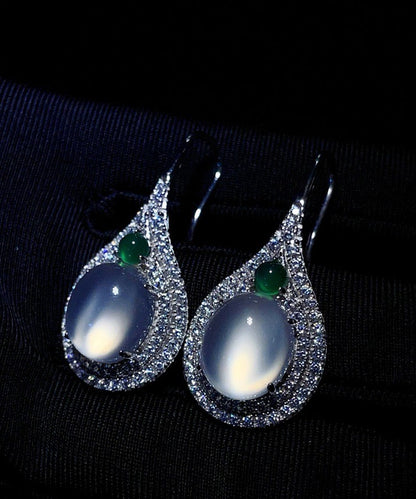 Women Silk Sterling Silver Inlaid Zircon Jade Stud Earrings AC1065 Genistyle Shop